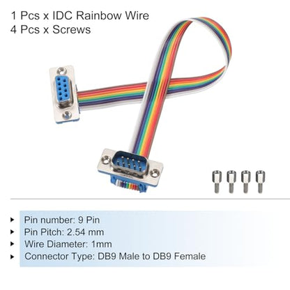 MECCANIXITY IDC Rainbow Wire Flat Ribbon Cable DB9 Male to DB9 Female 8 Inch Length 2.54mm Pitch Breadboard Jumper Wires for Electronic Projects - size: 8 Inch, style: DB9 Male to DB9 Female