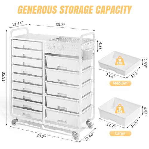 14 Drawer Rolling Storage Cart with Tabletop and Pegboard for Crafts White - color: White