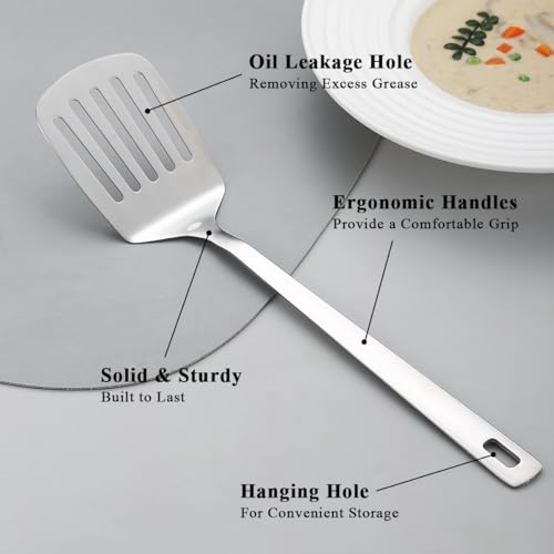 Kyraton Stainless Steel Spatulas Set, Silver Slotted Turner, Solid Turner, Kitchen Spatulas for Nonstick Cookware, Dishwasher Safe, Easy to Clean