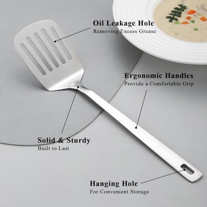 Kyraton Stainless Steel Spatulas Set, Silver Slotted Turner, Solid Turner, Kitchen Spatulas for Nonstick Cookware, Dishwasher Safe, Easy to Clean