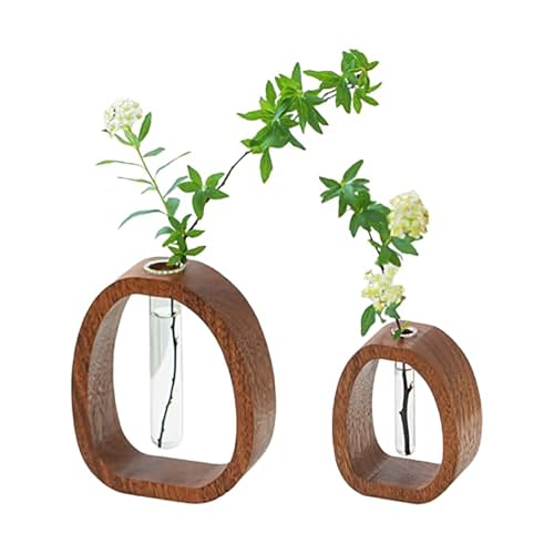 Walnut Wood Glass Flower Vase with Test Tubes, Large+Small - size: Large+Small
