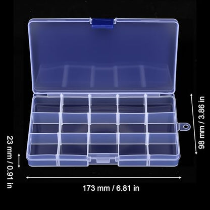 24 Pack 15 Grids Clear Plastic Bead Organizer Box Small Craft Organizer Box Storage Container with Adjustable Dividers for Jewelry Crafts Fishing Tackle Small Parts