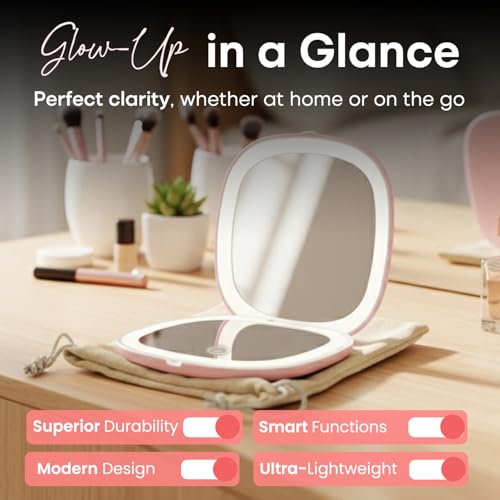 4" LED Compact Mirror – 1x & 10x Magnification | Travel Makeup Mirror with Adjustable Lighting | Handheld & Pocket-Sized Portable Mirror with Protective Pouch (Pink) - color: Pink