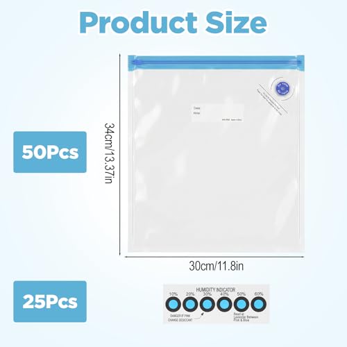 50Pcs 3D Filament Vacuum Storage Bags, Filament Storage Bags Vacuum Sealed Kit Reusable PE+PA Bag with 25 Humidity Indicator Cards and 4 Sealing Clips for Filaments Spool Keeping Files Dry