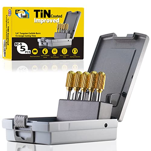 SC-5 5pcs Tungsten Carbide Burr TiN Rotary File Cylindrical Shape with Radius End Double Cut with 1/4''Shank for Die Grinder Drill Bit - style: 5pcs SC-5 TIN