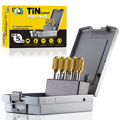 SC-5 5pcs Tungsten Carbide Burr TiN Rotary File Cylindrical Shape with Radius End Double Cut with 1/4''Shank for Die Grinder Drill Bit - style: 5pcs SC-5 TIN