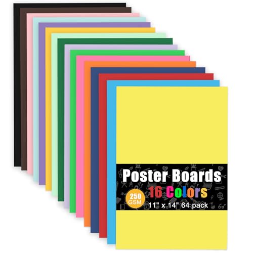 Poster Board 11 x 14 Inches, 64 Sheets 16 Assorted Colors Colored Poster Board Bulk for School Craft Project Presentation Drawing Graphic Display - color: Assorted Colors