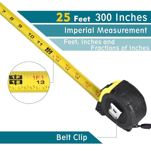 Tape Measure 25 Ft - 5 Pack Bulk Metal Retractable Tape Measure with Fractions, Easy Read, 1-inch Wide X 25 Foot