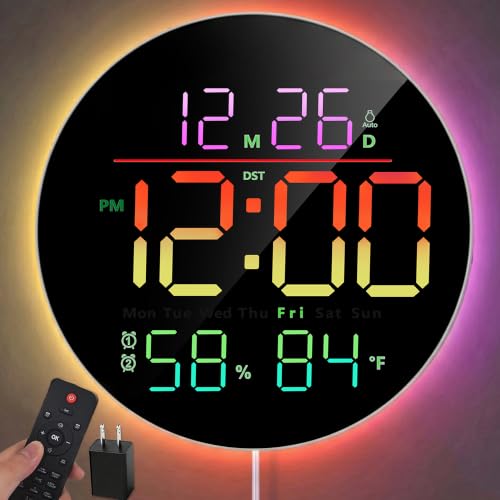 10" Round Digital Wall Clock for Bedroom, 13-Color RGB Model Large LED Display Electric Clocks with Remote for Classroom Home Office Living Room Garage Gym (Adapter Included) - color: Rgb