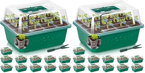 VIVOSUN 24-Pack Seed Starter Trays, 144-Cell Seed Starter Kit with Humidity Dome, Flat Reusable Plant Germination Trays with Drain Hole, Green Propagation Tray for Planting Seeds - size: 24-Pack 144-Cell, style: Trays