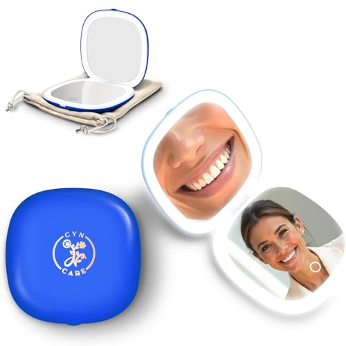 4" LED Compact Mirror – 1x & 10x Magnification | Travel Makeup Mirror with Adjustable Lighting | Handheld & Pocket-Sized Portable Mirror with Protective Pouch (Blue) - color: Blue