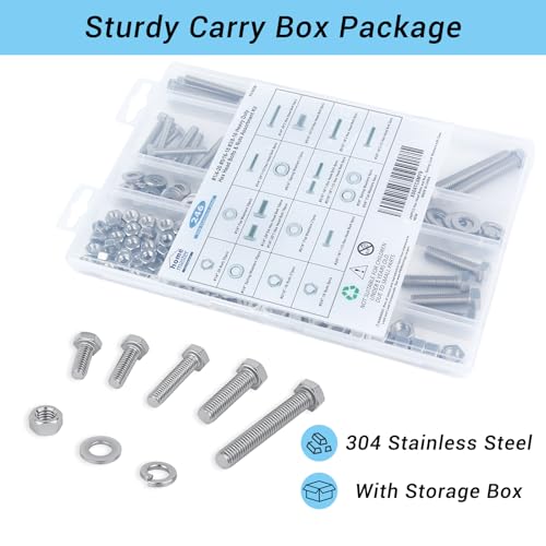246Pcs Hex Bolts and Nuts Assortment Kit,1/4-20, 5/16-18, 3/8-16 Assorted Bolts Nuts and Washers Kit, 304 Stainless Steel Machine Screw Sets for Home, Auto, Electronic & Industrial Repair with Case