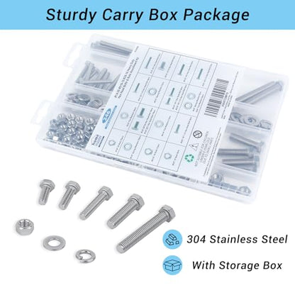 246Pcs Hex Bolts and Nuts Assortment Kit,1/4-20, 5/16-18, 3/8-16 Assorted Bolts Nuts and Washers Kit, 304 Stainless Steel Machine Screw Sets for Home, Auto, Electronic & Industrial Repair with Case