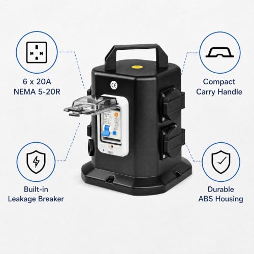 Power Distribution Box, Portable 125V Breaker Box with 6 x NEMA 5-20 Outlet, IP65 Weatherproof Temporary Power Outlet Box for Construction Sites, Factories and Workshops