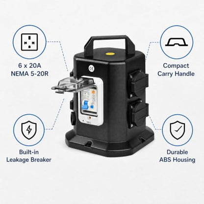 Power Distribution Box, Portable 125V Breaker Box with 6 x NEMA 5-20 Outlet, IP65 Weatherproof Temporary Power Outlet Box for Construction Sites, Factories and Workshops