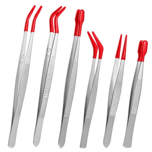 6Pcs Rubber Tipped Tweezers,Long Tweezers Bent Pointed Tipped Hobby Tweezer - color: Red