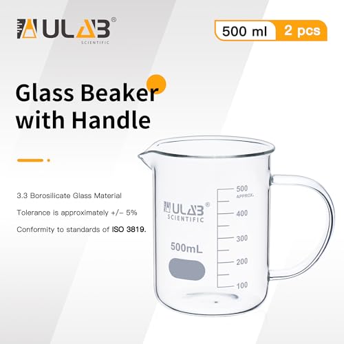 ULAB Glass Beaker with Handle, Vol. 500ml, 3.3 Borosilicate Griffin Low Form with Printed Graduation,Pack of 2,UBG1070