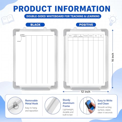 Lincia 12x16 Inch Double-Sided Whiteboard, 8 Markers Eraser, Math Board