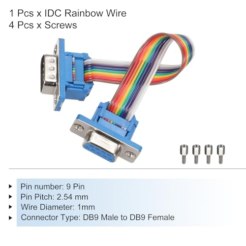 MECCANIXITY IDC Rainbow Wire Flat Ribbon Cable DB9 Male to DB9 Female 3.9 Inch Length 2.54mm Pitch Breadboard Jumper Wires for Electronic Projects - size: 3.9 Inch, style: DB9 Male to DB9 Female