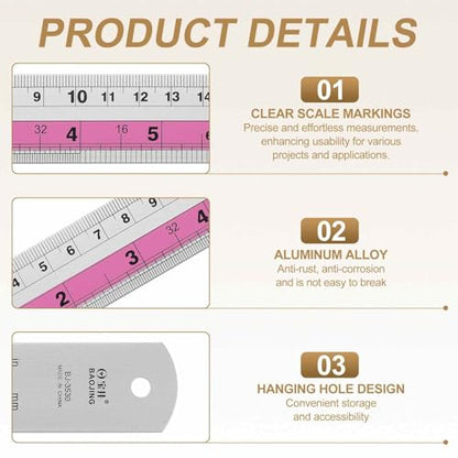 HARFINGTON 4pcs Metal Straight Ruler 30cm Metric SAE Aluminum Alloy Measuring Rulers Scale Tools with Hole for Measure Study Reading Classroom Office, Pink - color: Pink, size: 30cm