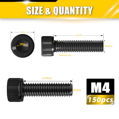 150pcs M4x16mm Screws Hex Socket Cap 12.9 Steel Black Zinc Full Thread - size: M4*16mm 150pcs