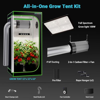 32x32 Complete Grow Tent Kit with LED Grow Light and Fan Filter, 32"x32"x63" 1680D Mylar Indoor Grow Tent System with AG1000 100W Full Spectrum Light, 4 Inch 2-in-1 Carbon Filter Fan, Silver Ducting