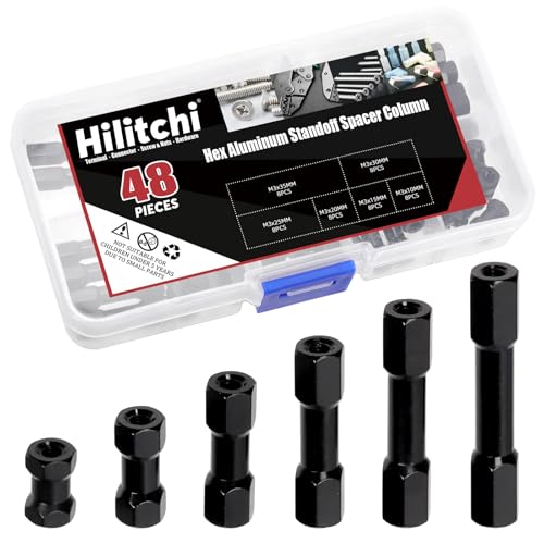 Hilitchi 48Pcs 6Sizes Hex Aluminum Standoff Spacer Column Assortment Kit Black Hexagonal Connecting Column Model Spacer Column Wide Head Column Spacer Pillar for Drone Quadcopter, DIY Models