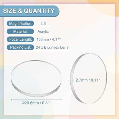PATIKIL 24 Pack Biconvex Lens, 20.6mm Dia. 106mm Focal Length Optical Lenses Magnifier Paperweight Acrylic Double Convex for DIY Office Desk Home Science Experiment Telescope - size: 20.6mm Dia. 106mm Focal Length