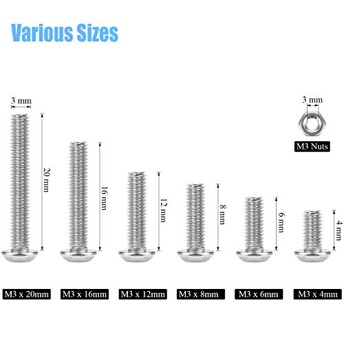 DYWISHKEY 360 Pieces M3 x 4mm/6mm/8mm/12mm/16mm/20mm Stainless Steel 304 Hex Button Head Cap Bolts Screws and Nuts Kit