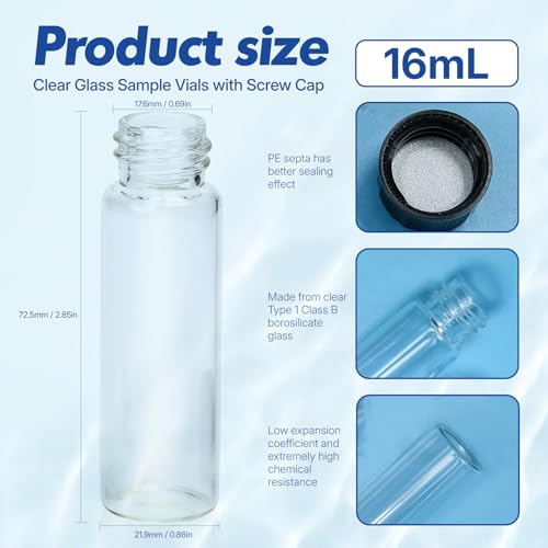 16mL Glass Sample Vial, 18-400 Screw Cap with PE Liner, 100-Pack - size: 16ml