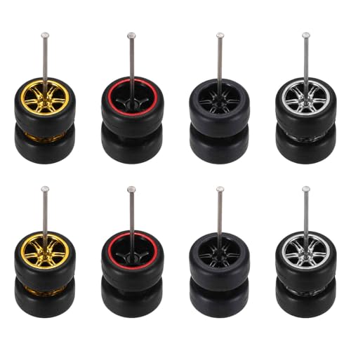 MECCANIXITY 8 Set 1/64 Wheels and Tires Set, Real Riders Rims Includes Axles for RC Diecast Car DIY Model, 5 and 6-Spoke Gold Silver Red Line Black Rims