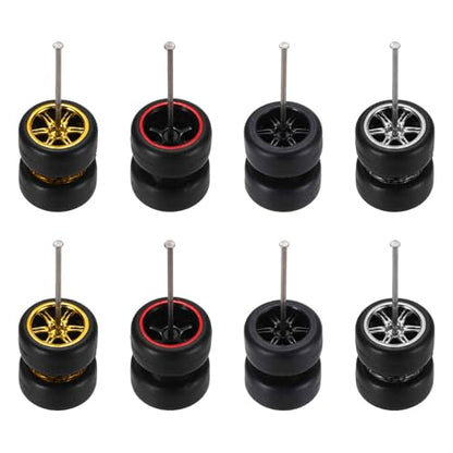 MECCANIXITY 8 Set 1/64 Wheels and Tires Set, Real Riders Rims Includes Axles for RC Diecast Car DIY Model, 5 and 6-Spoke Gold Silver Red Line Black Rims