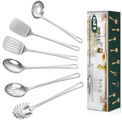 6 Pcs Cooking Utensils Set, Stainless Steel Kitchen Utensils, Heat Resistant Metal Kitchen Tools Include Solid & Slotted Turner Wok Spatula, Serving Spoon, Ladle, Pasta Server, Easy to Clean, Silver - color: D. 6 Pieces