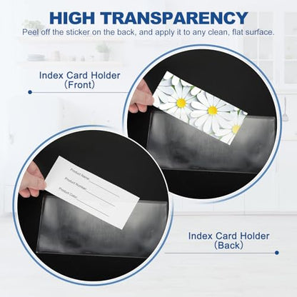 MECCANIXITY Self-Adhesive Card Pockets 3.5" x 2.1" Clear Horizontal Pocket Label Holders Plastic Card Sleeves with Top Open for Library Storage Bins, Pack of 25 - size: 3.5" x 2.1", style: Horizontal