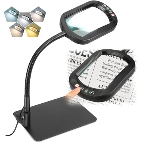 Veemagni 12X Rectangle Magnifying Glass with Light and Stand, Flexible Gooseneck LED Lighted Desk Lamp, 5 Color Modes Stepless Dimmable, Hands Free Magnifier for Reading Crafts Painting Close Work - color: Black, size: 12X-12.2inch
