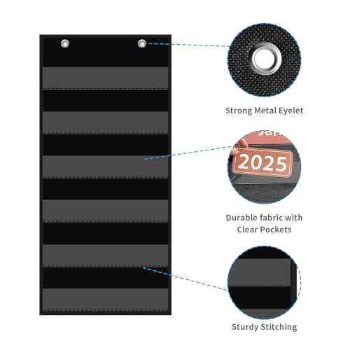 ANCOMEDO 10”W x 25”H Classroom Words Pocket Chart with 6 Clear Pockets, Black Standard Pocket Chart for Classroom and Home for Sentence Strips, Reusable Words Hanging Pocket Chart (Black) - size: 10Wx25H