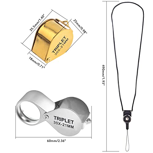 2 Pack 30X 21mm Small Pocket Triplet Jewelry Loupe Metal Folding Magnifying Glass Jewlers Loop with Attached Rope Straps Eye Glass Magnifier for Gems Coins Maps Stamps Currency Detect