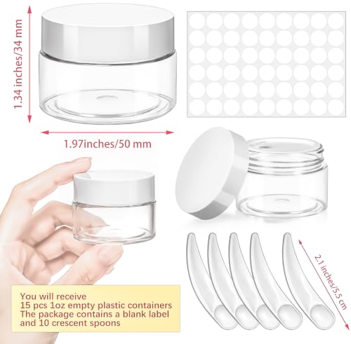 15 Pack 1oz Plastic Jars Round Clear Containers with Lids, 30ml Small Cosmetic Jars Makeup Containers, 1ounce Slime Jar Travel Cosmetic Container for Cream Salves Sample Lip Balm Lotion,White - color: White, size: 1oz-15pack