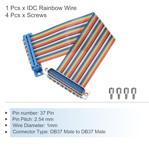 MECCANIXITY IDC Rainbow Wire Flat Ribbon Cable DB37 Male to DB37 Male 8 Inch Length 2.54mm Pitch Breadboard Jumper Wires for Electronic Projects - size: 8 Inch, style: DB37 Male to DB37 Male