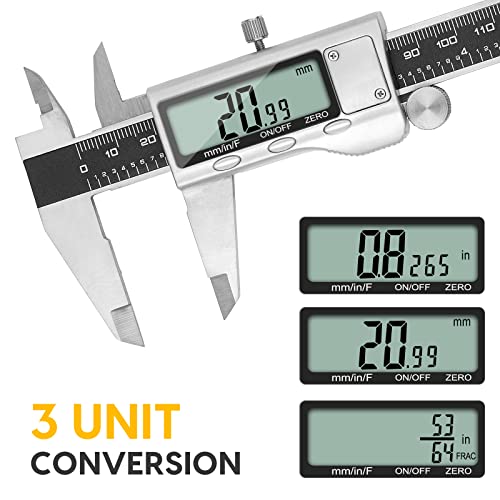 Digital Caliper Measuring Tool, 6 Inch Caliper Tool with Large LCD Screen, Easy Switch from Inch Millimeter Fraction, Stainless Steel Vernier Caliper Digital Micrometer for DIY/Household