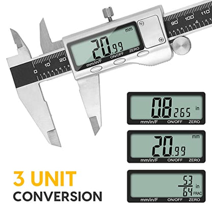 Digital Caliper Measuring Tool, 6 Inch Caliper Tool with Large LCD Screen, Easy Switch from Inch Millimeter Fraction, Stainless Steel Vernier Caliper Digital Micrometer for DIY/Household