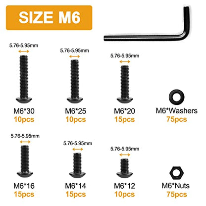 VIGRUE 225PCS M6 Button Head Hex Socket Cap Screws Bolts Nuts Washer Kit - size: m6 button black 12-30mm