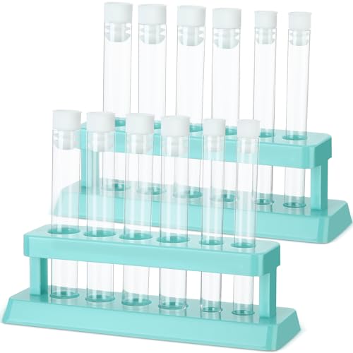 Copkim 2 Sets Test Tubes with Rack Clear Plastic Test with Caps and 6 Holes Holder Rack Nurse Party Decorations Shot Tubes for Scientific Experiments Party Favors Candy(Blue,Removable) - color: Blue