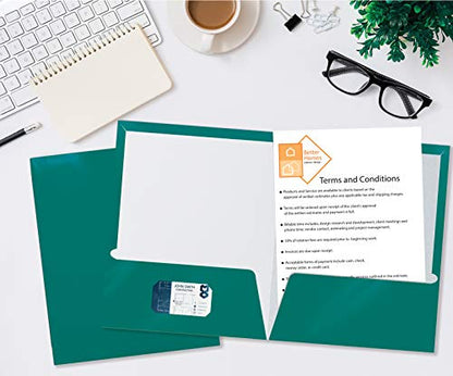 2 Pocket Glossy Laminated Paper FOLDERS Portfolio Letter Size, Teal, 25PK - color: Teal