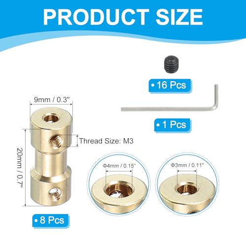 PATIKIL Brass Shaft Coupling Joint 3mm to 4mm, 8 Pcs Motor Shaft Coupler Extension Connector Rigid Sleeve Adapter Transmission Joint with Screws for RC Car Tires Shaft Motor - size: 3mm to 4mm