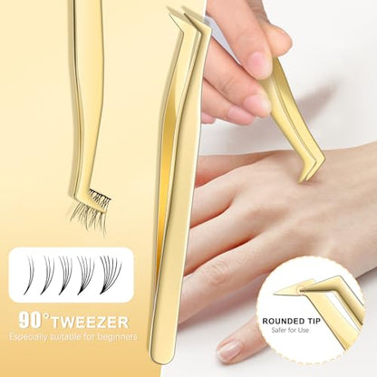 MORGLES Golden Lash Tweezers Set, 5 PCS Professional Eyelash Tweezers - color: Golden