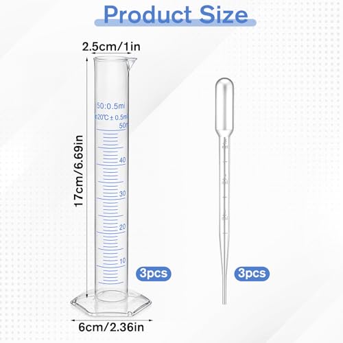 3PCS 50ml Plastic Graduated Cylinder, Transparent Measuring Cylinders, Lab Cylinders for Science Experiments with 3 Droppers in 3.0ml, Ideal for Science Lab