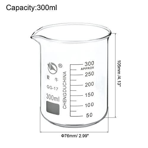 PATIKIL 300ml Low Form Glass Beaker, 3.3 Borosilicate Glass Graduated Printed Scale Measuring Cups with Spout for Kitchen Lab Liquids Transit Boiling - size: 300ml