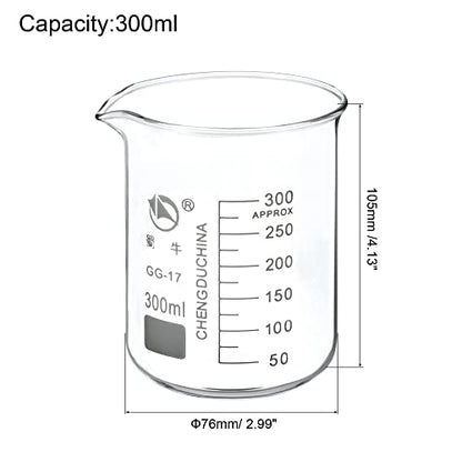 PATIKIL 300ml Low Form Glass Beaker, 3.3 Borosilicate Glass Graduated Printed Scale Measuring Cups with Spout for Kitchen Lab Liquids Transit Boiling - size: 300ml