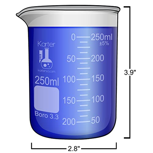 250ml Beaker, Low Form Griffin, Borosilicate 3.3 Glass, Double Scale, Graduated, Karter Scientific 213D33 (Single) - size: 250ml, style: Pack of 1